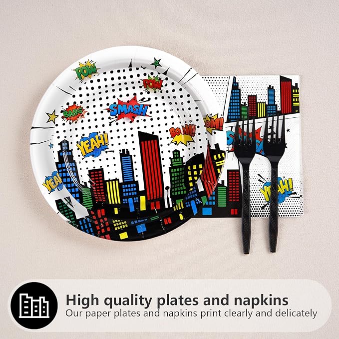 Grencian 96Pcs Super Theme Hero Party Supplies White Comic Hero Plates and Napkins Hero's Action Sign Cityscape Tableware Sets for Kids Baby Shower Hero Spider themed Party Decorations Favors Serve 24