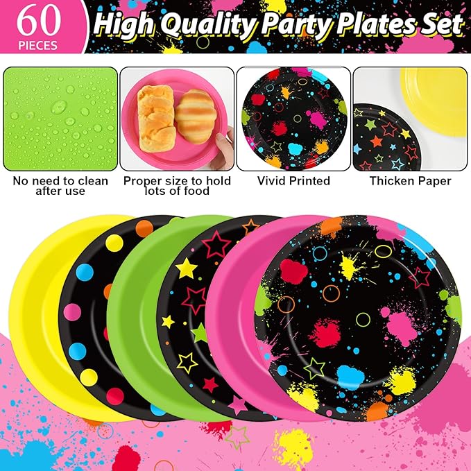 60Pcs Neon Birthday Party Plates Glow in the Dark Disposable Paper Dessert Plates for Neon Glow Birthday Decorations Party Tableware Set for Kids Back to 80S 90S Blacklight Baby Shower Supplies