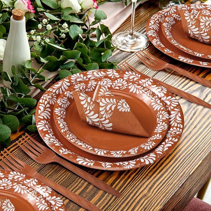 122 Pcs Brown Cielito Lindo Baby Shower Decoration Platos De Barro Mexicanos Fiesta Talavera Paper Plates Mexican Napkins Forks Tableware Set for Birthday Weeding Party Supplies, Serve 24