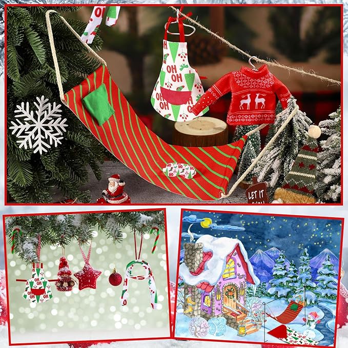 Kacctyen 12 Pcs Christmas Accessories Kits Include Christmas Doll Sleeping Bag Sweater Apron Chef Hat Scarf Earmuffs Eye Mask Snow Tube Mask Hammock for Doll Clothes Costume Outfits