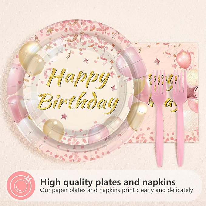 96Pcs Blush Beige Birthday Party Decorations Boho Dusty Pink Plates and Napkins Pink Rose Gold Glitter Happy Birthday Tableware Set for Women Girls Bridal Shower Wedding Party Supplies, Serves 24