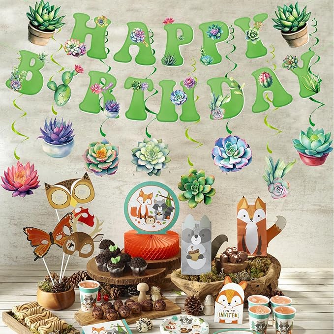 Zwiebeco Multicolored Succulent Plants Happy Birthday Banner Bunting Hanging Paper Swirls Garland Party Decorations for Spring Summer Plant Themed Boys Girls Baby Shower Decor Accessories Supplies
