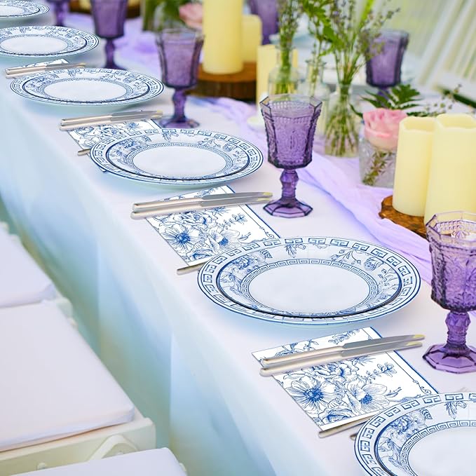 180PCS Blue White Floral Party Supplies Serve 60, Blue Flower Paper Plates and Napkins Kit for Bridal Baby Shower Wedding Tea Party Decorations, Includes Dinner Plates, Dessert Plates, Napkins