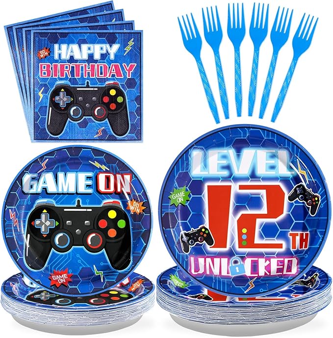 Grencian 96 Pcs 12th Video Game Birthday Party Decorations Blue Video Game Level 12 Birthday Plates and Napkins Tableware Sets for Boys 12 Years Old Gamer Gaming Party Supplies Favors Serves 24