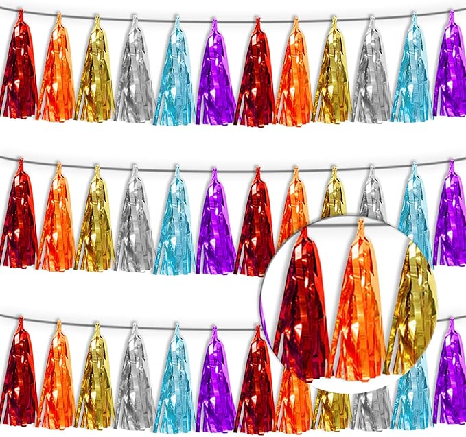 3P Lake Blue Orange-Red-Gold-Silver-Purple Metallic Fringe Tassel Banner Garland Foil Tinsel Streamer Wall Hanging Curtain Backdrop Banner for Parade Floats,Graduation Wedding Party Decorations