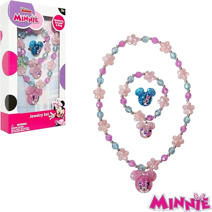 LUV HER Disney Minnie Girls Jewelry Set - Dress up Toy Jewelry Box Sets with Bead Necklace, Bead Bracelet and Ring - Play Accessories - Ages 3+