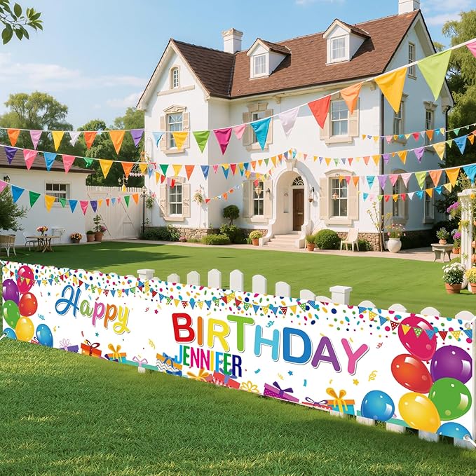 Coloful Birthday Decorations Banner with Personalized Letter Stickers and Balloons DIY White Happy Birthday Yard Banner Custom Bday Sign for Men Women Bday Party Supplies Outdoor