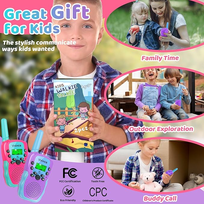 Vvinca Rechargeable Walkie Talkies for Kids 4 Pack, 5-7 Year Old Boy Toys Long Range 22 Channels 2 Way Kids Walkie Talkie with Flashlight for Camping Hiking Indoor Outdoor 3 4 5 6-12 Girl Boy Gift