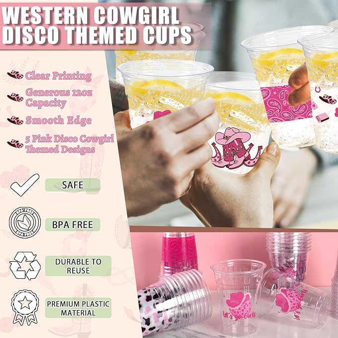 50 Pcs Western Cowgirl Plastic Cups, 12 Oz Pink Disco Cowgirl Plastic Clear Disposable Drinking Cups for Western Party Decoration Cowgirl Birthday Wedding Party Supplies
