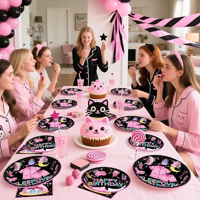 Grencian 96 Pcs Sleepover Birthday Party Supplies Black Sleepover Plates and Napkins Disposable Tableware Set Pajama Party Decorations for Girls Slumber Themed Birthday Decorations Serves 24