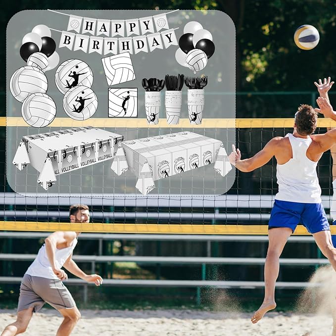 Zhehao 143 Pcs Black Volleyball Birthday Decorations Party Supplies Serves 24 Include Volleyball Themed Plate Fork Napkin Cup Banner Balloon Tablecloth for Sports Theme Birthday Party Favor