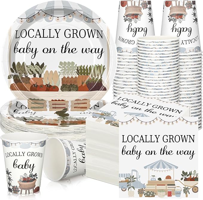 Hushee 200 Pcs Locally Grown Baby Shower Paper Plates Napkins Cups Baby Shower Party Supplies Tableware Set Disposable Cup Napkin for 50 Guest Party Decoration