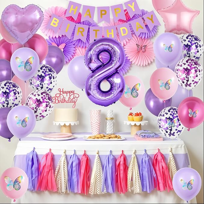 8th Birthday Decorations for Girl,Pink Purple 8th Butterfly Decoration Birthday Balloons Pink Purple Banner Number 8 Balloons Cake Topper Butterfly Party Supplies for Girls