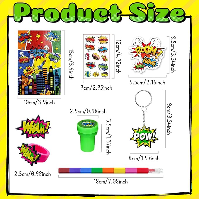 Cinrobiye 72 Pcs Hero Party Favors, Hero Coloring Books, Stickers, Tattoos, Stampers, Keychains, Rings, Rainbow Pencils, Comic Birthday Party Supplies, Goodie Bag Fillers, Prize Bulk Set