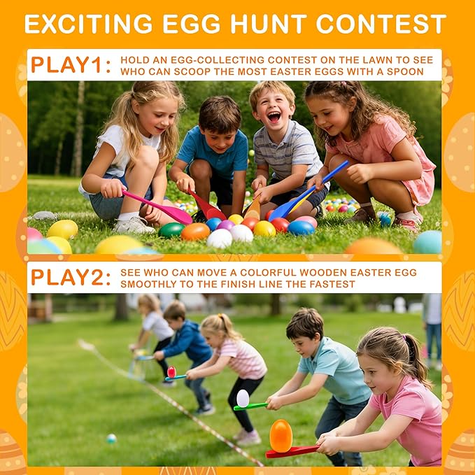 TOPLEE 20 Pcs Easter Egg and Spoon Race Game Set, 10 Players Balance Relay Easter Games Include 10 Eggs and Wooden Spoons for Kids Family Carnival Outdoor Games Holiday Birthday Party Supplies