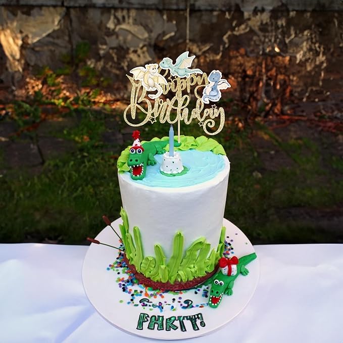 Ephlyn 1Pcs Dragon Happy Birthday Cake Topper Magical Dragon Cake Decorations for Fantasy Parties Flying Dragon Baby Shower Party Supplies