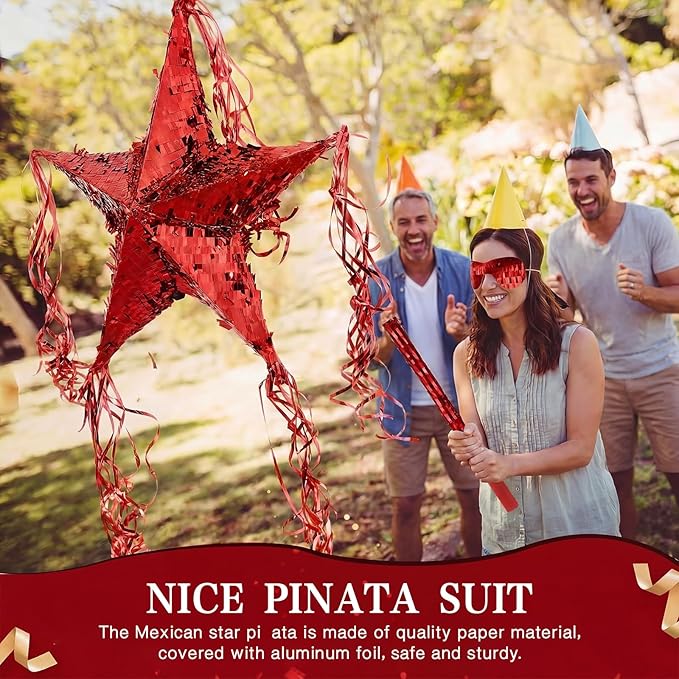 Hanaive Foil Star Piñata with Blindfold and Bat for Birthday Foldable Star Shape Piñata with Stick Festive Fiesta Party Supplies Favors for Mexican Party(Red)