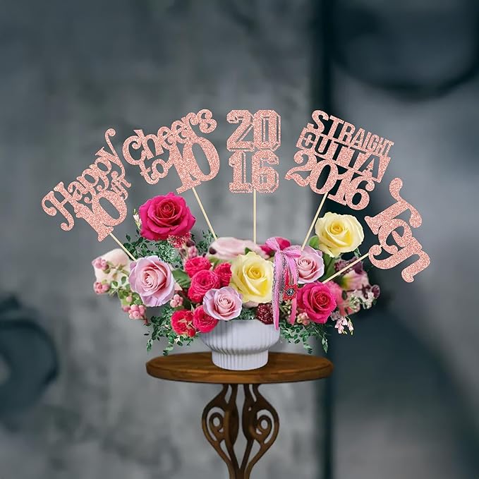 Gyufise 15Pcs Happy 10th Birthday Centerpiece Sticks Ten Straight Outta 2016 Table Flower Centerpieces Sticks Cheers to 10 Decorations for 10th Birthday Party Supplies Rose Gold