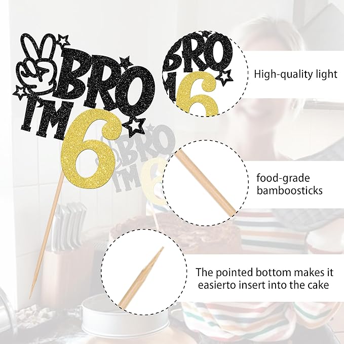 1 PCS Brother I'm 6 Cake Topper Glitter Star Happy 6th Birthday Cake Pick Bro I'm 6 Cake Decoration It's My 6th Birthday Decorations for Boys Cheers to 6 Years Old Birthday Party Supplies Gold