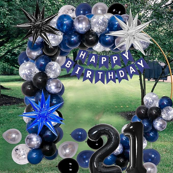 21st Birthday Decorations for Him Her Dark Blue, Happy 21st Birthday Decorations for Men Women with Banner 21 Balloon Number Tablecloth Foil Star Balloons Garland Arch Kit-21 Years Old Party Supplies