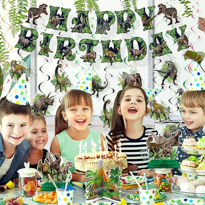 Dinosaur Birthday Party Decorations Set - Includes Pre-assembled Happy Birthday Banner, Dinosaur Hanging Swirl, Honeycomb Centerpiece for Table, Party Supplies for Home, School