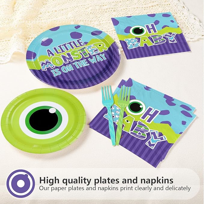 96Pcs Monster Baby Shower Party Supplies Monster Theme Party Plates and Napkins Disposable Green and Purple Cartoon Tableware Set for Kids Birthday Baby Shower Decorations Serves 24