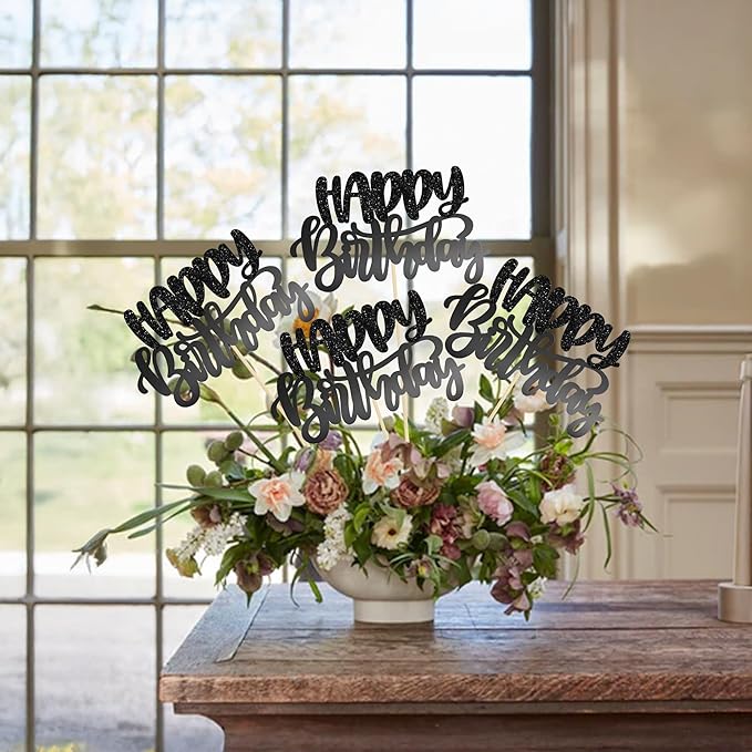 Gyufise 12Pcs Happy Birthday Centerpieces Sticks Double Sided Glitter Birthday Party Decorations Anniversary Table Flower Centerpiece for Celebrating Party Supplies Light Black