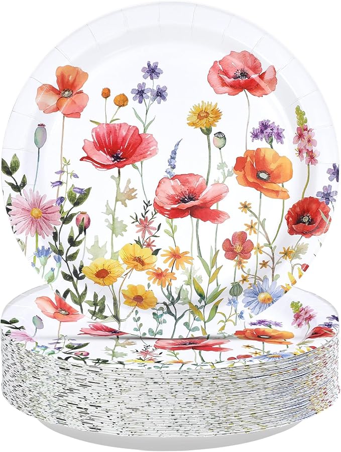 50Pcs Poppy Floral Party Supplies 9" Heavy Duty Watercolor Wildflowers Paper Plates Disposable Red Poppy Flowers Platter for Seasonal Bridal Shower Birthday Wedding Picnic Party Decorations