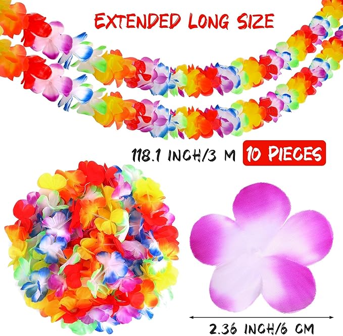 Aneco 10 Pack Hawaiian Tropical Jumbo Multicolored Luau Hibiscus Flower Lei Garland for Hawaiian Party Supplies Decorations,10 Feet Each
