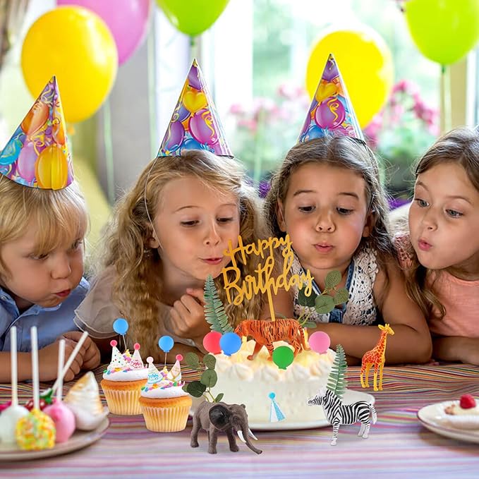 Hooqict 34 Pcs Safari Animal Cake Toppers with Mini Birthday Party Hats Party Animal Birthday Decorations Jungle Cake Decorations for Kids Wild Zoo Theme Party Decorations