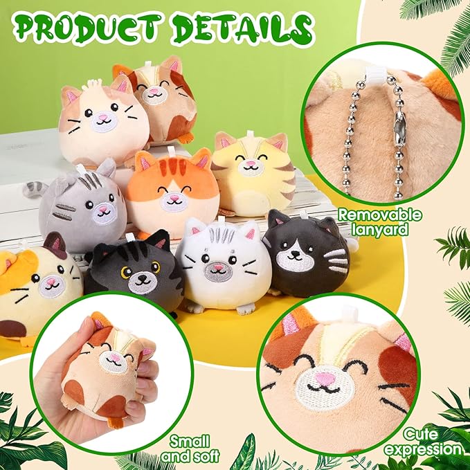 Libima 9 Pcs Mini Stuffed Animals Bulk Adopt a Pet Party Favors 3.15 Inch Small Plush Keychains Cute Ornaments Toys for Baby Shower Birthday Gift Bags Fillers Easter Basket Stuffers(Cat)