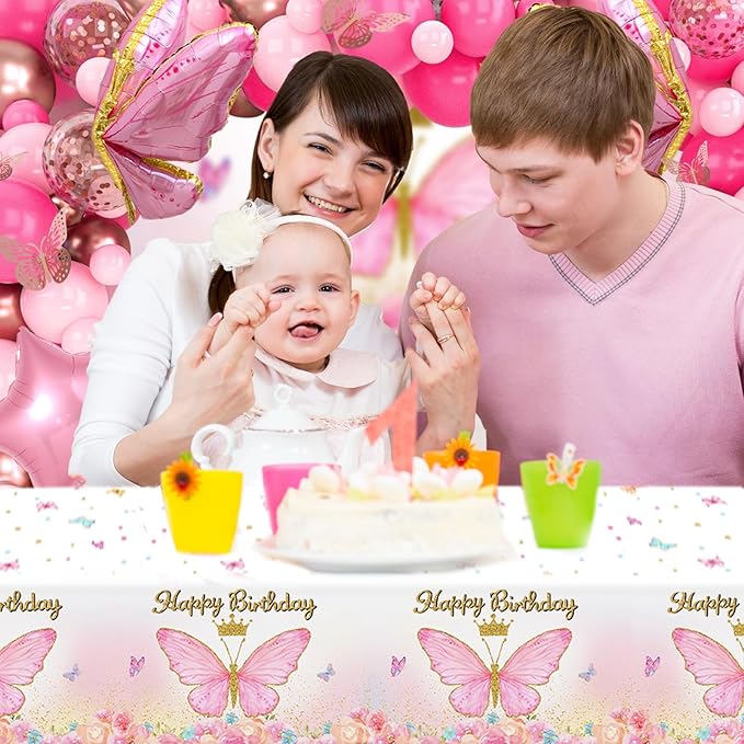 Butterfly Decorations for Girls, Pink Butterfly Themed Birthday Decorations Party Supplies with Balloon Arch Kit Backdrop Banner Foil Balloons Wall Decor, Princess Baby Shower Bday Party