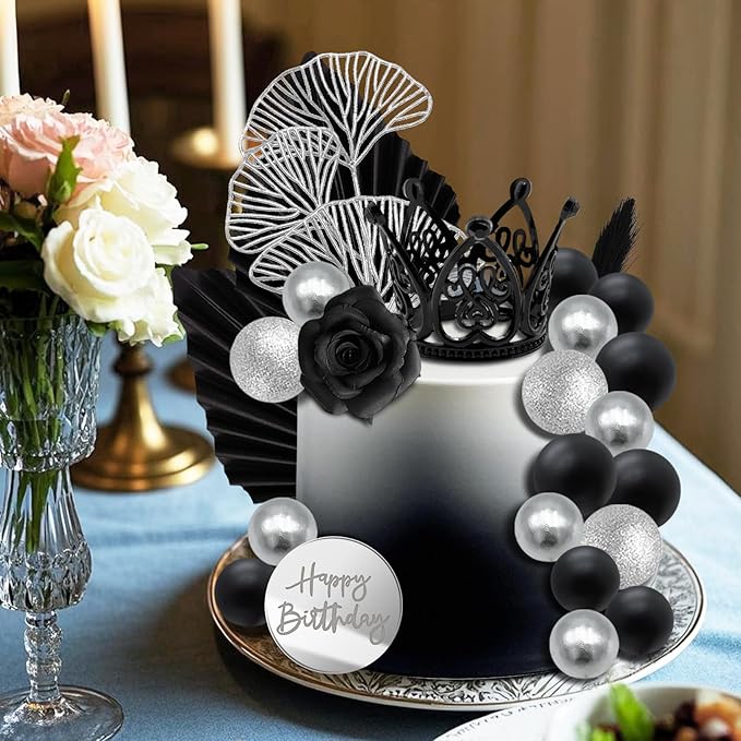Knana 25Pcs Silver Black Balls Cake Topper Birthday Cake Topper Palm Leaves Cake Decorations for Silver Black Theme Baby Shower Birthday Party Supplies