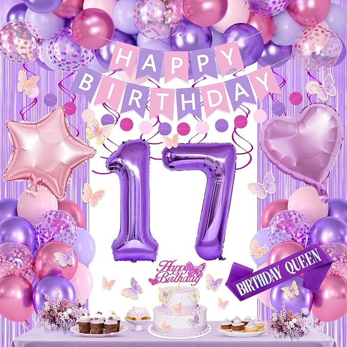 17th Purple Birthday Decorations for Girls, Pink and Purple Happy 17 Birthday Party Decorations with Happy Birthday Banner, Number Foil Balloons, Butterfly Cake Topper for 17th Party Supplies