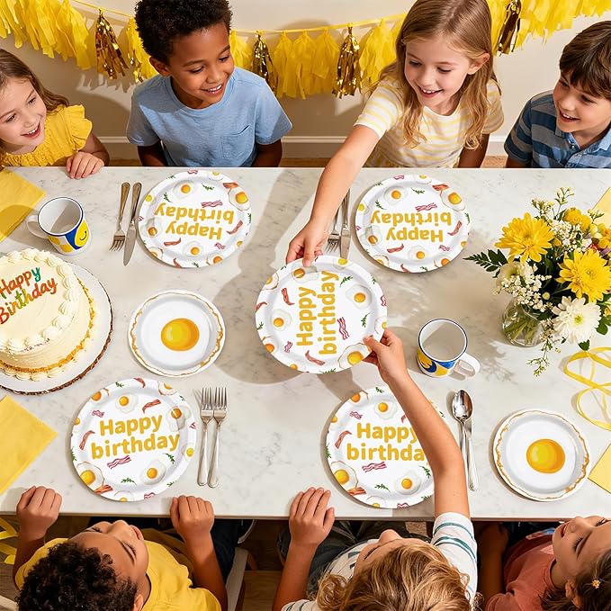 96Pcs Breakfast Birthday Decorations Bacon Fried Egg Plates and Napkins Xmas Brunch Theme Birthday Decoration Favors for Kids Adults Bday Baby Shower BBQ Picnic Holiday Party Supplies Serves 24