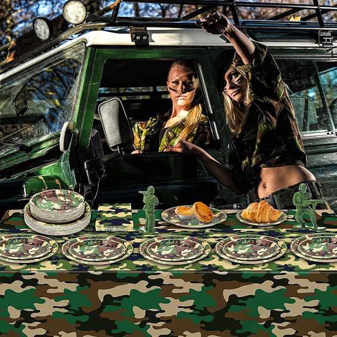 180PCS Camo Birthday Party Supplies Serve 60, Army Camouflage Theme Paper Plates and Napkins Kit for Camouflages Hunting Army Military Civil War Decorations