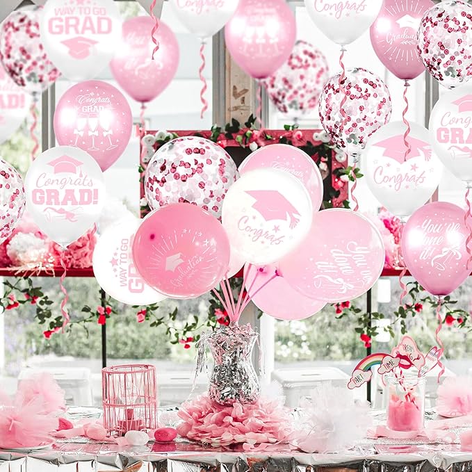 Whaline 60Pcs Graduation Party Balloon Set 7 Designs Confetti Latex Balloon with 2 Rolls Ribbon Grad Cap Congrats Grad Balloon for Graduation Party Decoration Supplies (Pink, White)