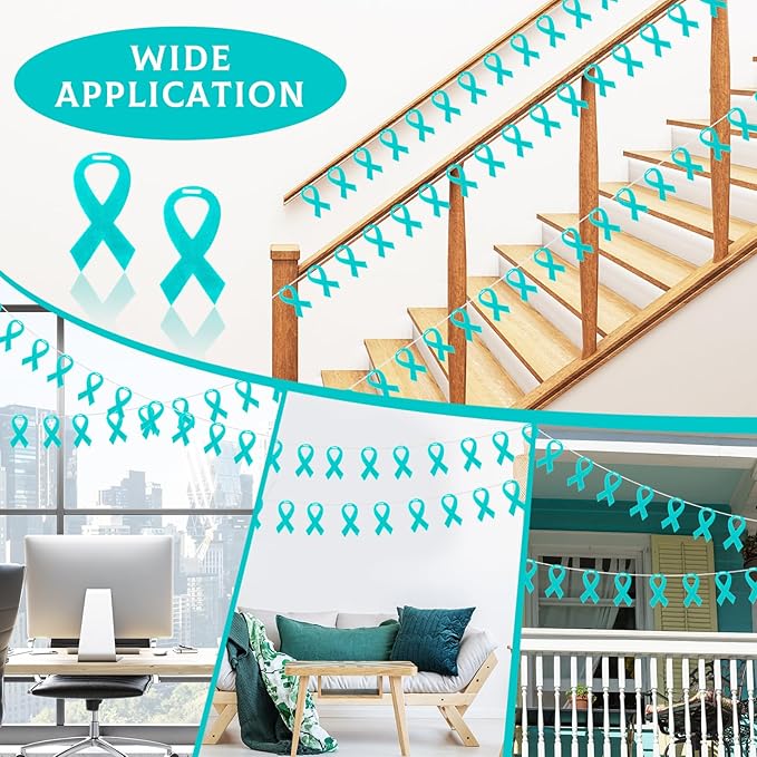 VitalCozy 10 Pcs Ribbon Awareness Banner 13.1 ft Ribbon Garland Cancer Awareness Decor Cancer Free Decorations for Society Events Groups Fundraisers Party Supplies(Teal)