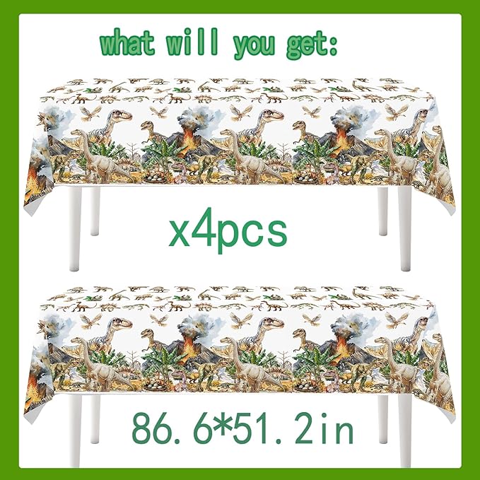 4ps Dinosaur Tablecloths Dinosaur Party Table Covers Dino Birthday Decorations Jungle T-rex Dino Disposable Plastic Table Cloth for Kids Adults Bday Party Picnic Supplies Decor(Dino White)