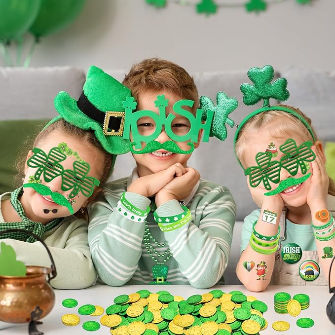 188Pcs St. Patrick's Day Accessories Party Favor Set, Necklaces, Shamrock Glasses, Mustaches, Bracelets, Badges, Tattoo Stickers, Coins for Irish Party Supplies