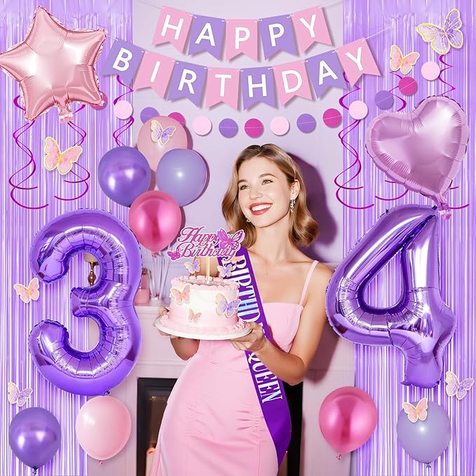 34th Purple Birthday Decorations for Women, Pink and Purple Happy 34 Birthday Party Decorations with Happy Birthday Banner, Number Foil Balloons, Butterfly Cake Topper for 34th Party Supplies