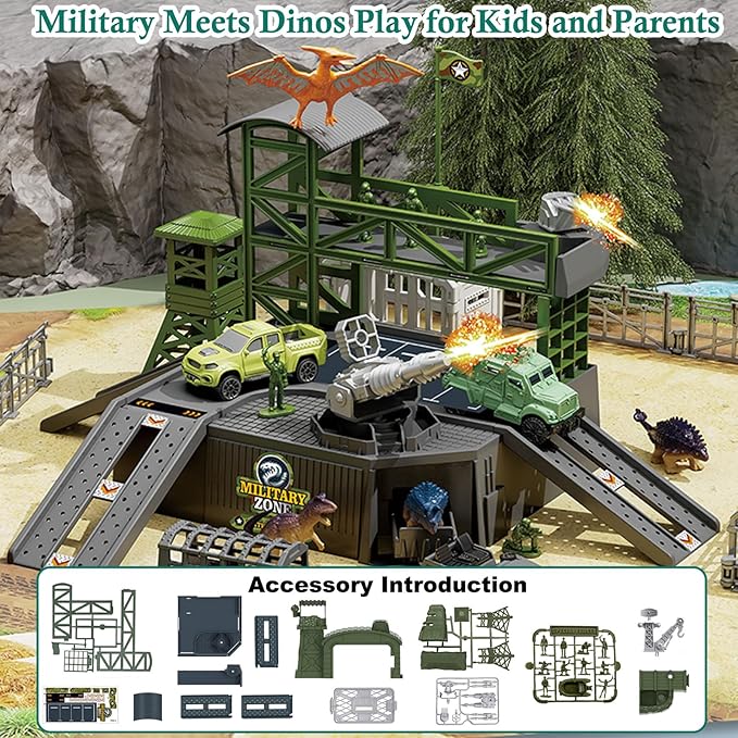 Military Dinosaur Battle Playset, 56 Piece Army Toy Set Soldier Figures, Military Vehicles (Helicopter, Je-ep, Trucks), Cannon, Tents & Battle Mat, Educational STEM Toys for Boys Ages 3-12