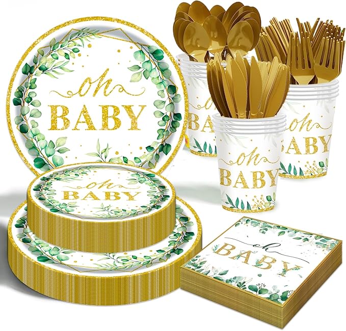 Sage Greenery Baby Shower Plates and Napkins Tableware Set - 175pcs Gender Neutral Baby Shower Decorations Oh Baby Party Supplies, Disposable Paper Plates Napkins for Baby Girl Boy Shower Decorations
