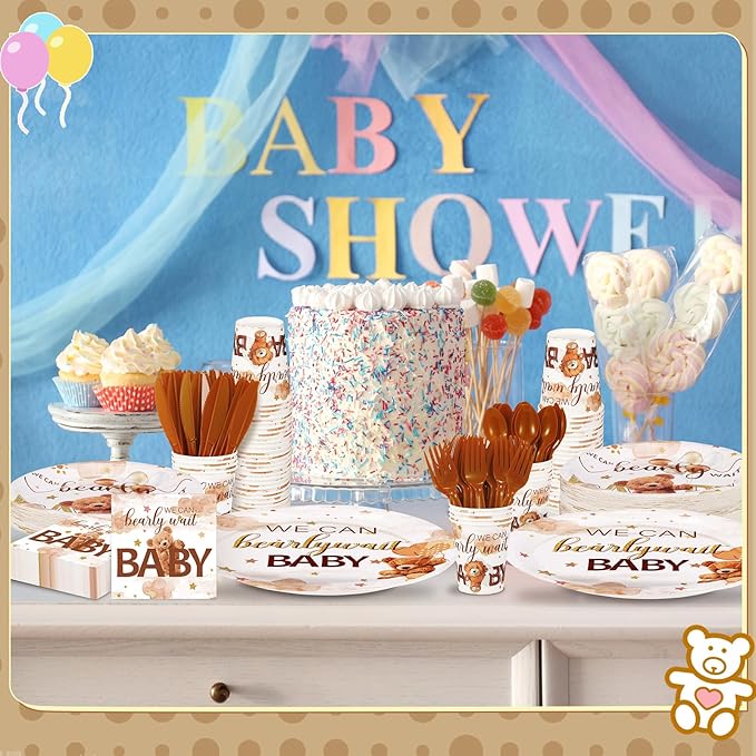 Dandat 350 Pcs Baby Shower Plates Set Baby Shower Party Supplies Serves 50 Tableware Sets Include Plates Napkin Cup Forks Knives Spoons Disposable Dinnerware(Bear,Brown)