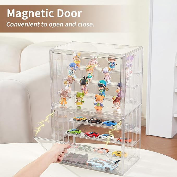 3 Pack Display Case for Collectibles 4 Layer Updated Adjustable Acrylic Display Case with Magnetic Door Clear Stackable Display Box Hobby Display Cases for Figures, Countertop