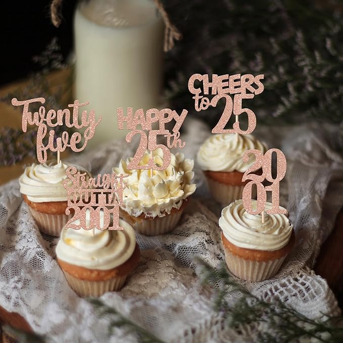 30PCS 25th Birthday Cupcake Toppers Glitter Twenty Five Happy 25 Straight Outta 2001 Cupcake Picks for Cheers to 25 Years 25th Birthday Anniversary Party Cake Decorations Supplies Rose Gold