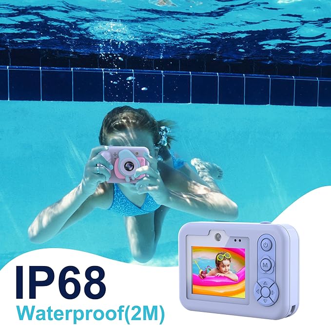 Kids Waterproof Digital Underwater Camera - 48MP HD 1080P Video, Dual Lens Selfie with Stand - Christmas Birthday Festival Gift for Ages Above 3 Girl Boy Child Toddler, Cartoon Cover, Blue