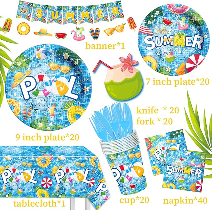 Pool Party Decoration-143Pcs Summer Tableware Pool Hello Summer Plates and Napkins Set Beach Hawaiian Pool Birthday Party Supplies,Summer Swimming Disposable Tableware Serve 20 Guests