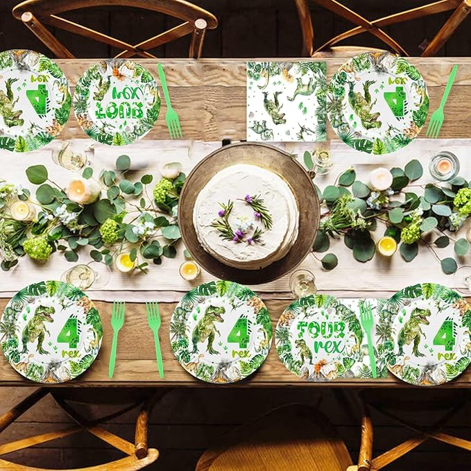 80 Pcs Watercolor Dinosaur 4th Birthday Party Supplies Roar I'm Four Birthday Tableware Includes Plates, Forks, Napkins for Boys 4 Rex Dinosaur Four Year Old Birthday Party Decorations Favors