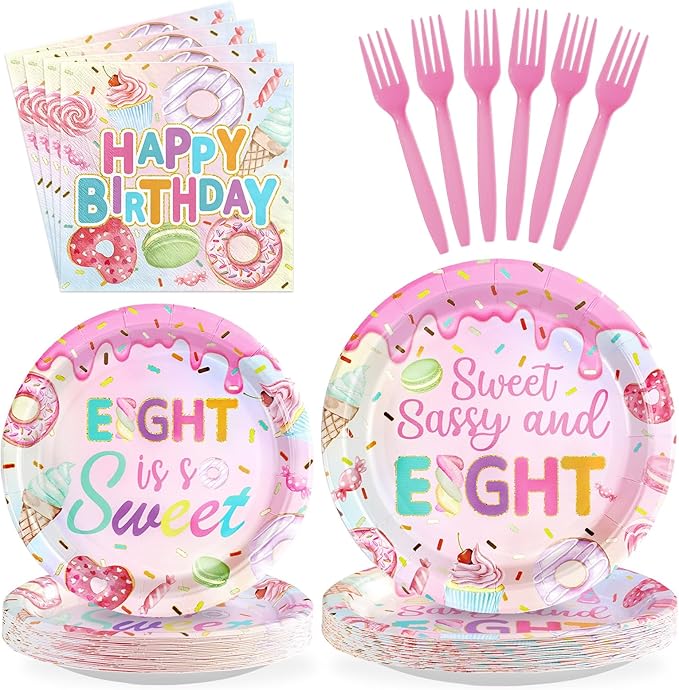 96 Pcs Sweet Sassy and 8 Birthday Decorations Donut 8th Birthday Party Decorations for Girls Colorful Donut Plates and Napkins 8 Years Old Disposable Party Supplies Serves 24